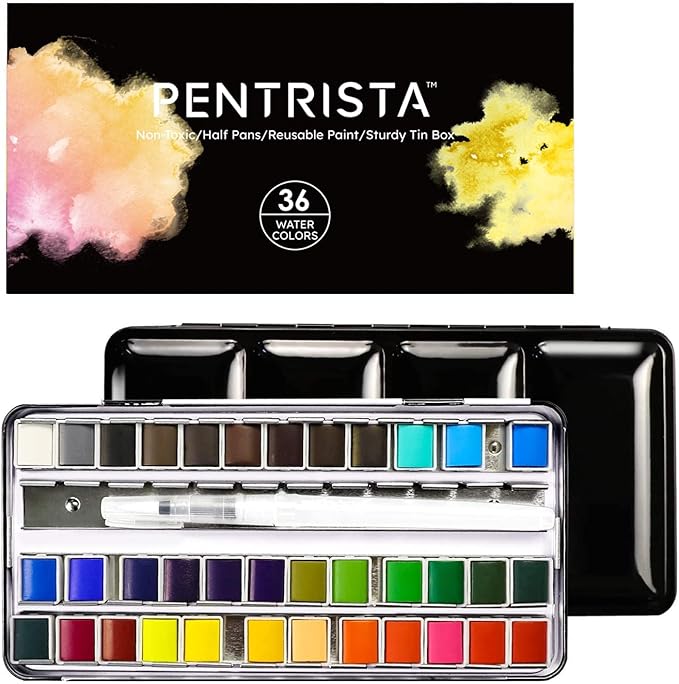 Watercolor Paint set, 36 Colors Premium Solid Watercolor Half Pans in Tin Box, 1 refillable Water Brush Pen, Art Pigment Kit Perfect for Artists Students Kids Beginners and Art Lovers