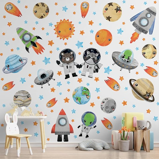 Solar System Wall Decals Astronaut Animals - Peel and Stick Outer Space Stickers with Planets and Stars for Kids Room, Boys or Girls Bedroom, Toddler Nursery, Playroom, Daycare Wall Decor -L Size