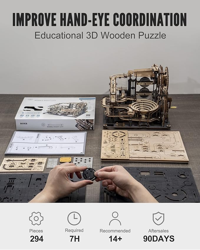 ROKR 3D Wooden Puzzles for Adults Marble Run Model Building Kit(LGA01 Marble Night City)