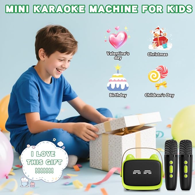 Mgaolo Upgraded Mini Karaoke Machine Toy for Kids, Portable Bluetooth Speaker with 2 Wireless Mics, Emoji & Colorful LED Lights, Home Travel & Party Play Gifts for Boys Girls (Green)
