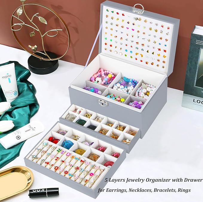 Earring Jewelry Box for Women Girls Stud Organizer, 5 Layers Grey Jewelry Organizer Box With Lock Earring Holder Organizer Ring and Necklace Jewelry Box with Earrings Holder for Women Girls