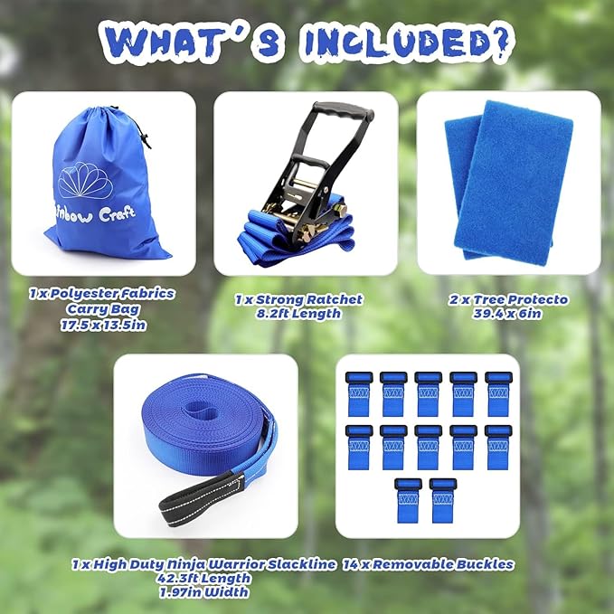 Rainbow Craft Ninja Warrior Obstacle Course for Kids - 50ft Slackline, 12 Removable Buckle Loops, 12 Ninja Attachments, Outdoor Training Equipment