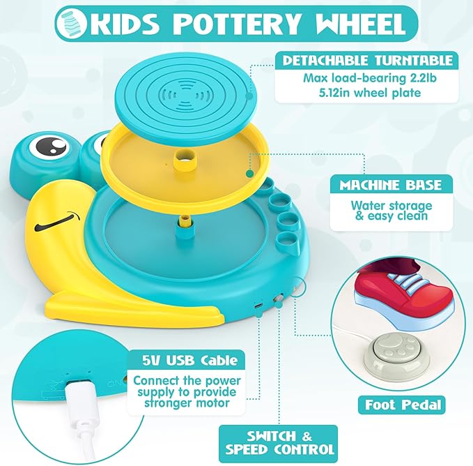 Pottery Wheel for Kids - Complete Art Supplies Arts & Crafts Kit, Crafts for Girls 8-12, Girls Boy Toys Birthday Halloween Christmas Gift for Kids Ages 6 7 8 9 10 11 12+, (Snail)