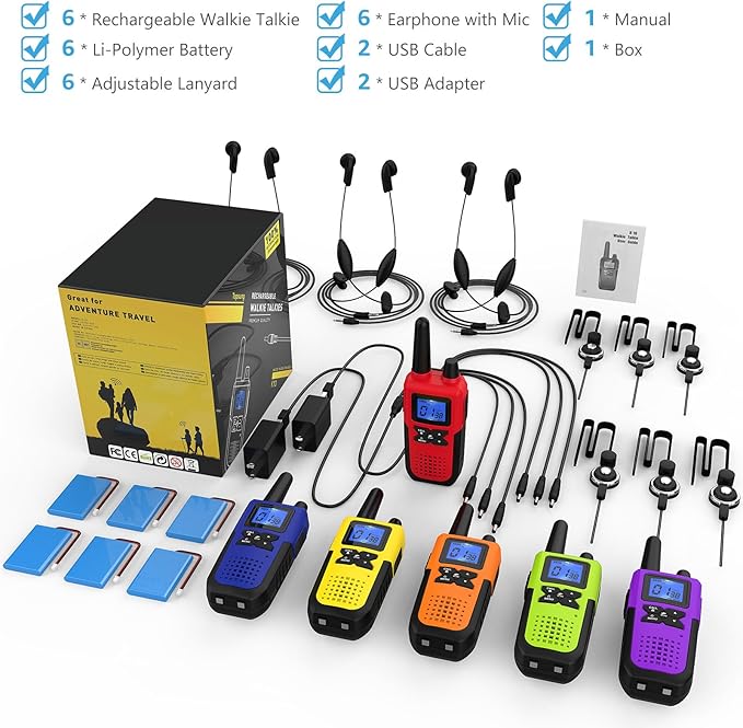 Walkie Talkies for Adults Long Range Rechargeable with Earpiece NOAA Weather Alert, Multi-purpose 2 Way Radio 6 Pack for Team Work Senior Care Kid Adventure Family Camping Hiking Skiing Cruise