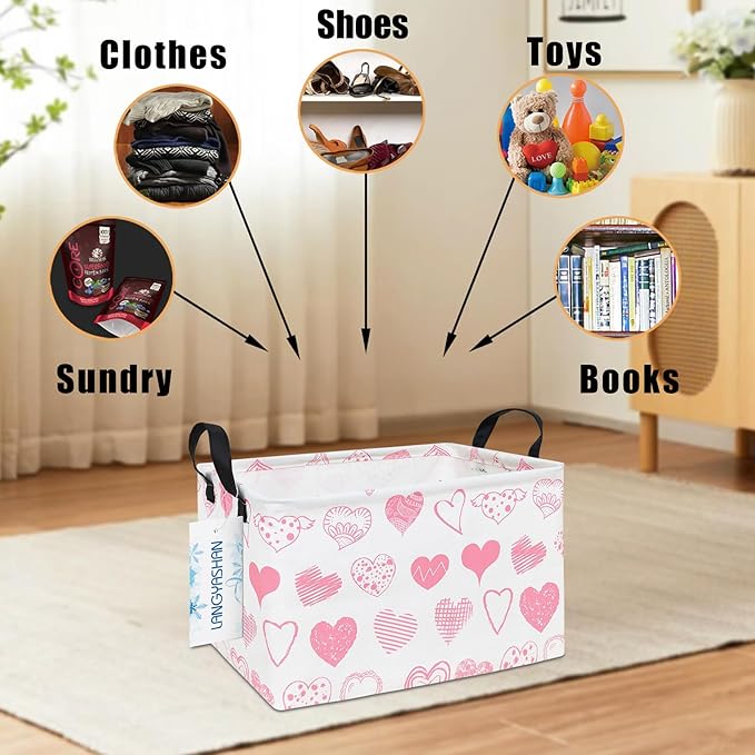 LANGYASHAN Rectangular Storage Bin Collapse Canvas Fabric Cartoon Storage Basket with Handles for Organizing Home Kitchen Boys and Girls Toys Office Closet Shelf Baskets (Rec Angel Heart)