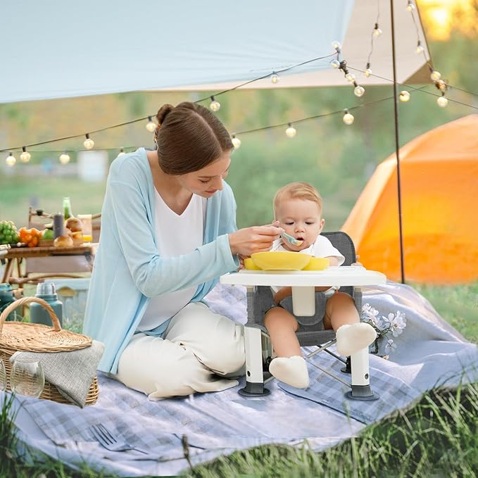 Baby Travel Booster Seat with Double Tray, BabyBond Upgraded Toddler Portable Baby Chair, Booster Seat for Dining Table, Stable and Foldable Booster Baby Chair for Indoor/Outdoor (Grey)