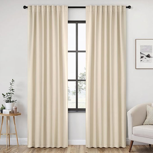 ANRODUO Back Tab Blackout Curtains for Bedroom Living Room, Rod Pocket Pinch Pleated Thermal Insulated Room Darkening Curtains 90 Inches Long 2 Panels, Cream Beige, 52 x 90 Inch