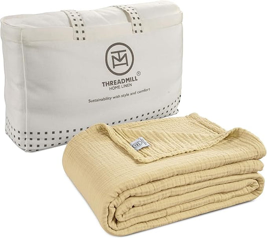 Threadmill Summer Muslin Blankets Queen Size | 100% Cotton 4 Layer Gauze Blanket | Soft, Breathable and Cozy Blanket | Cozy, Lightweight Blankets for Bed Seasons | Beige