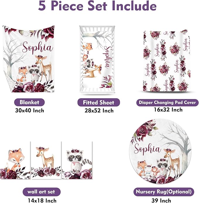 Personalized Baby Crib Bedding Set for Baby Girls, Rose Animal Pattern Custom Name 5-Pcs, Toddler Double Layer Blanket Fitted Sheets Changing Pad Cover Rug Wall Art Set