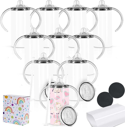 Kids Sippy Cup & Todder Bottle, 10 Pack - 12 Oz Stainless Steel, in Style & Colorful Sublimation Design