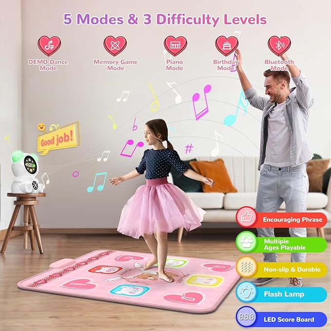 Rechargeable Dance Mat Toys for Girls, Light Up Dance Pad with Wireless Bluetooth, Xmas B-Day Gifts for 3 4 5 6 7 8 9 10 11 12 Years Old Kids (Pink)