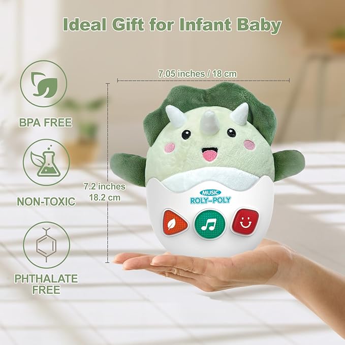Baby Dinosaur Toys 0-3-6-12 Months, Musical Infant Toys with Light & Sounds, Soft Plush Stuffed Animal, Newborn Boys Girl 1st Birthday Shower Gift, Roly-poly Sensory Tummy Toy Easter Egg Gifts