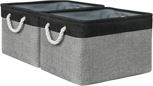 Organization and Storage Bins for Shelves - 17X15X12 inch 2 Pack Foldable Baskets for Organizing, Fabric Storage Cubes with Rope, Storage Box for Decorative Cloth (Black & Grey)
