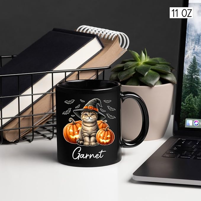 Personalized Name Scottish Fold Halloween Ceramic Mug, Custom Scottish Fold with Pumpkins Coffee Cup, Cat Wearing Witch Hat Cup Gift for Family Friend, Halloween Cat Pet Black Mug 11oz 15oz