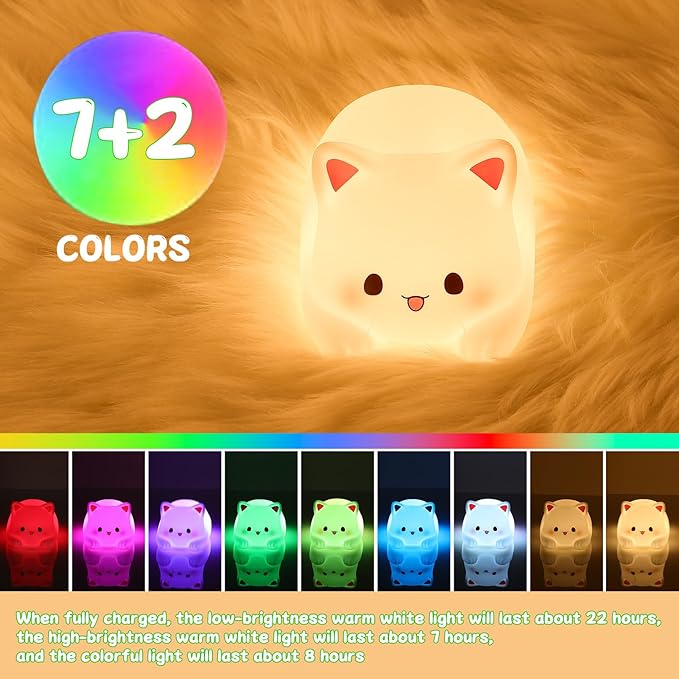 LOVERUIS Cute Night Light for Kids Cat Night-Light Baby Girl Squishy NightLight 1/3 Hour Timer Kitty Light Baby Dimmable Nursery Lamp Colorful Nightlight Gift for Kid Toddler Kawaii Bedroom (Kiki)