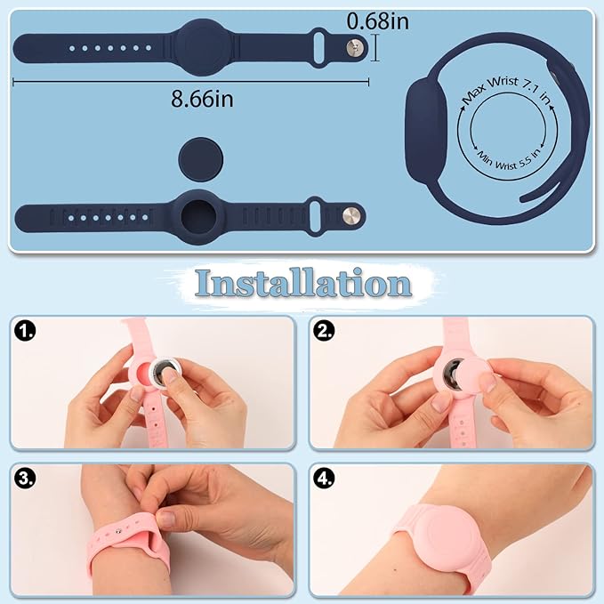 Kids Waterproof Airtag Bracelet Compatible with Apple AirTag, Hidden Silicon Protective Case for Air Tag GPS Tracker Holder, Adjustable Anti-Lost Watch Band for Toddler Child (Navy)
