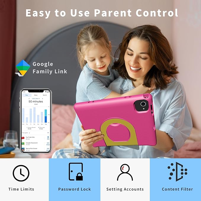 Kids Tablet with Strap, Android 14 Tablet for Kids 10 inch, Toddler Tablets Octa-Core 64GB 1TB Expandable, Children's Tablets with Case, Bluetooth WiFi Parental Control Dual