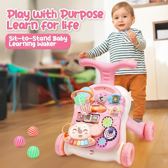 CUTE STONE 2-in-1 Baby Walker for Girls, Toddlers Learning Walker, Early Educational Push Walking Toys with Detachable Activity Center for Infants 12+ Months