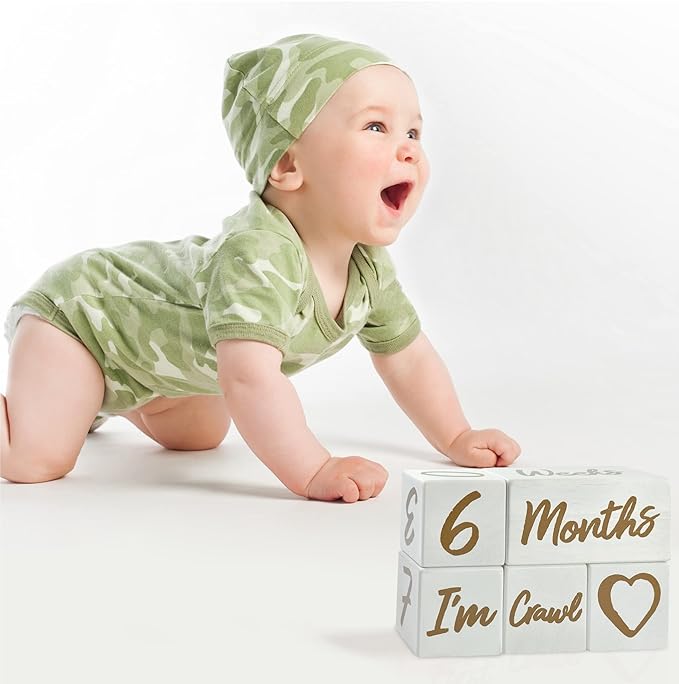 I'm Solid Wood Weekly Monthly Yearly Baby Milestone Age Blocks, Gender Neutral, Newborn Gifts & Keepsakes for Picture Props (5 Pcs/White)