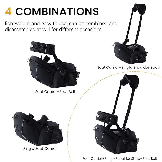 Ergonomic Baby Hip Carrier-Baby Waist Stool with Adjustable Strap and Chest Harness Huge Storage Enhanced Lumbar, Carrier for Newborn to Toddler Black