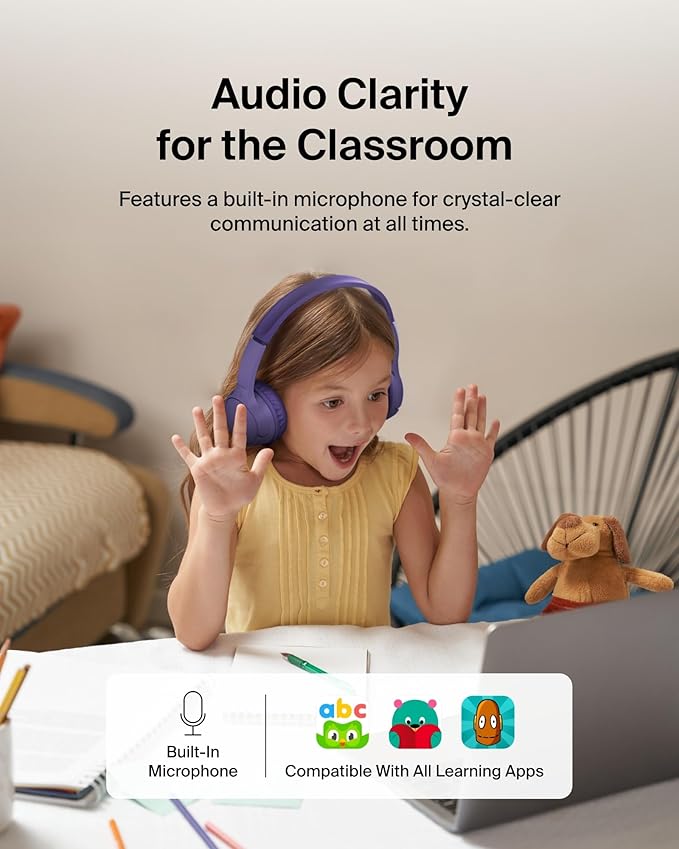 Belkin SoundForm Mini - Wireless Bluetooth Kids Headphones, 30H Battery, 85dB Safe Volume Limit, Built-in Microphone - Toddler On-Ear Earphones for iPhone, iPad, Fire Tablet, Ideal for School - Purple