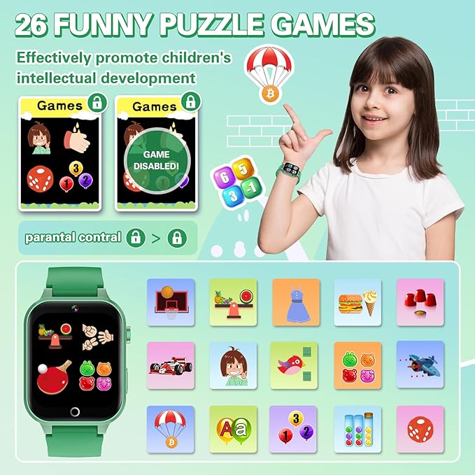 Vakzovy Kids Smart Watch for Boys with 26 Games, HD Touchscreen Camera Music Player Flashlight Pedometer Audiobook, Birthday Gifts Toy for Girls Age 6-12 Kids Smartwatch with Screen Protector Green