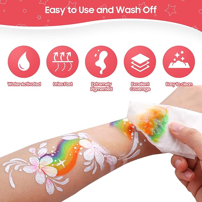 Pintada 42 Color Face Painting Kit for Kids - Non Toxic Water Activated Face Paint Palette With Stencils, Brush, Gems. For Carnival, Halloween, Costume Makeup and Any Creative Activity with Kids