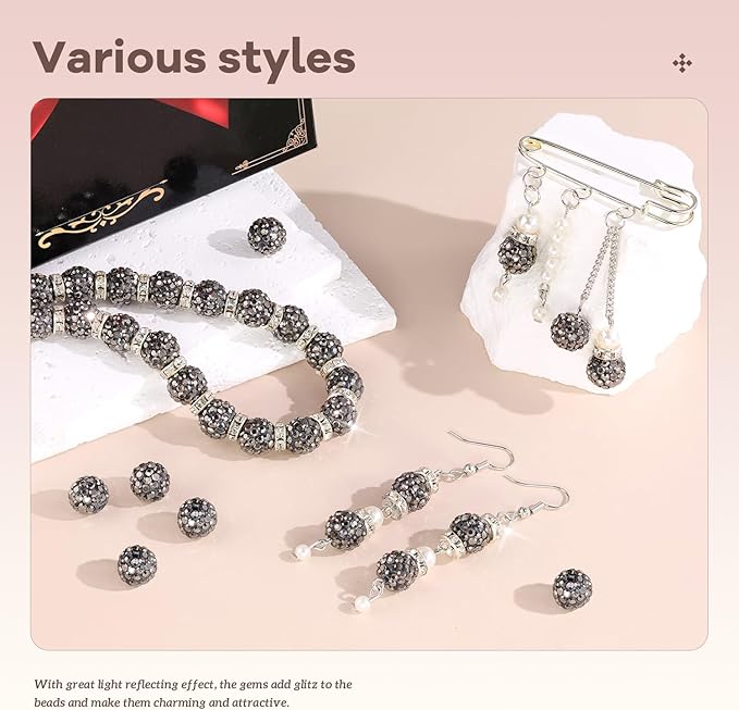 105pcs 10mm Rhinestone Beads for Jewelry Making, Hematite Shiny Round Disco Ball Beads Bulk, Sparkle Crystal Clay Christmas for Bracelet Baseball Necklace Earring Crafting and DIY