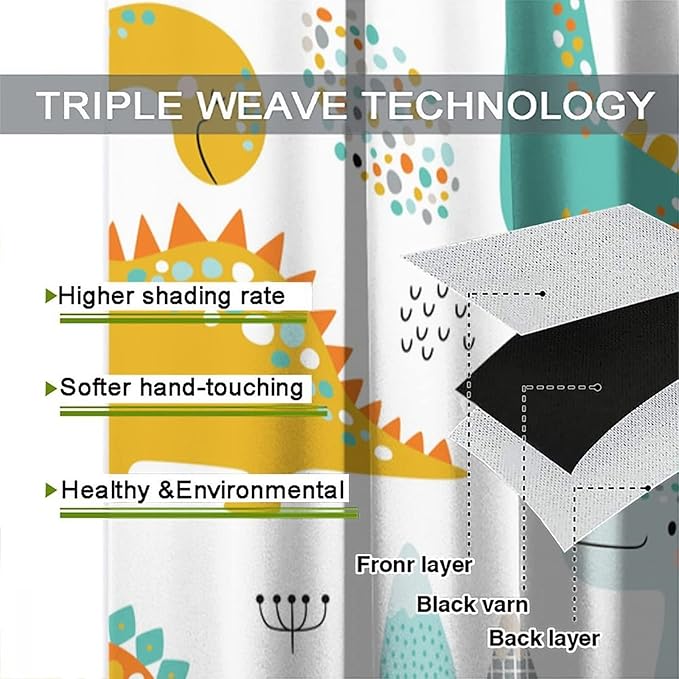 Dinosaur Curtains for Kids Boys Girls Home Decor Childish Cute Dino Animals Print Pattern Rod Pocket Blackout Window Drapes for Nursery Baby Bedroom Playroom W27.5xL63in 2 Panels