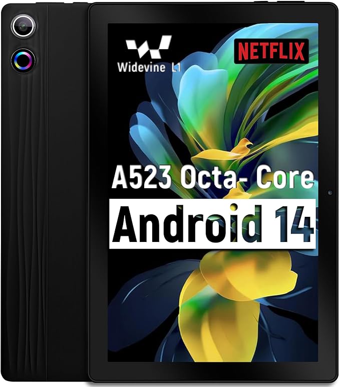 Tablet 10 inch Android 14, Octa-Core, 10GB RAM 64GB ROM 1TB Expandable, Widevine L1, 1280x800 IPS Touchscreen, BT 5.4, Dual Camera with Flash (Black)