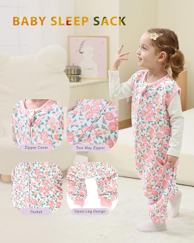 HOMEAL 1.0Tog Sleep Sack with Legs, Toddler Sleep Sacks 12M-2T, Pink Rose