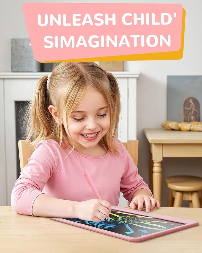 KOKODI LCD Writing Tablet, 12 Inch Colorful Toddler Doodle Board Drawing Tablet, Erasable Reusable Electronic Drawing Pads, Educational and Learning Toy for 3-6 Years Old Boy and Girls(Pink)