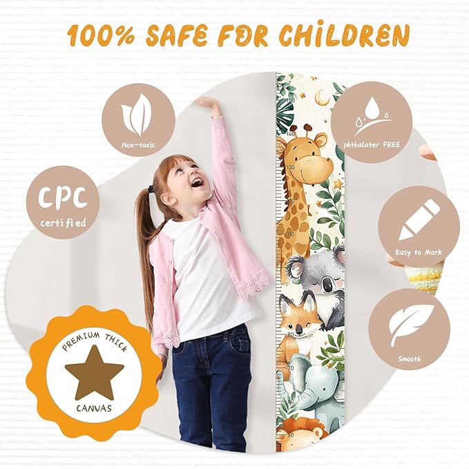 Personalized Name Growth Chart Wall Decor for Kids – Canvas Removable Height Chart Measuring Ruler 59" x 7.9" (Cute Animals)