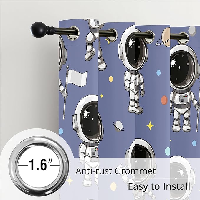Kids Space Astronaut Blackout Curtains - 100% Blackout, Thermal Insulated, Noise Reducing, Perfect for Kids Room and Nursery, 2 Panels (Spacewalk Buddies, W52×L63)