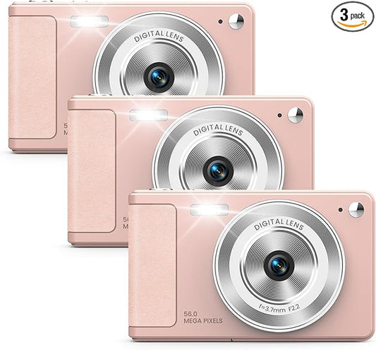 WONNIE Digital Camera 56MP, FHD 1080P Point & Shoot Camera with 32GB SD Card, 2 Batteries, and Lanyard, Ideal for Kids & Teens, Suitable Gift for Girls Pink, 3-Pack