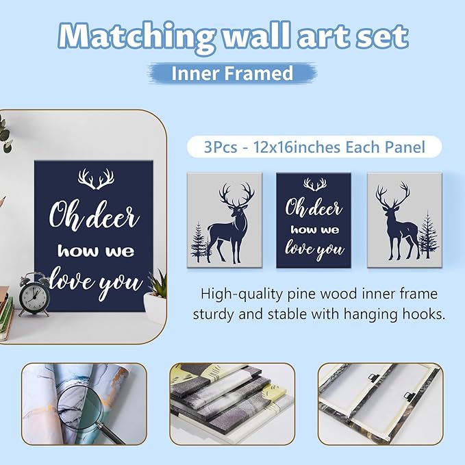 Personalized Baby Bedding Set, 5 Pcs Custom Name Crib Bedding Set, Double Layer Blue Nursery Bedding Set for Baby Boys, Woodland Deer Baby Crib Set, Gifts for Toddlers Infants New Parents