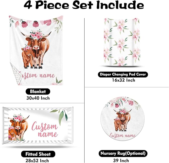 Custom Nursery Crib Bedding Set: Personalized Name 4 Piece Highland Cow Theme Baby Crib Sets for Girls - Toddler Double Layer Blanket Set, Comfortable Crib Bed Sheets for Baby Toddlers