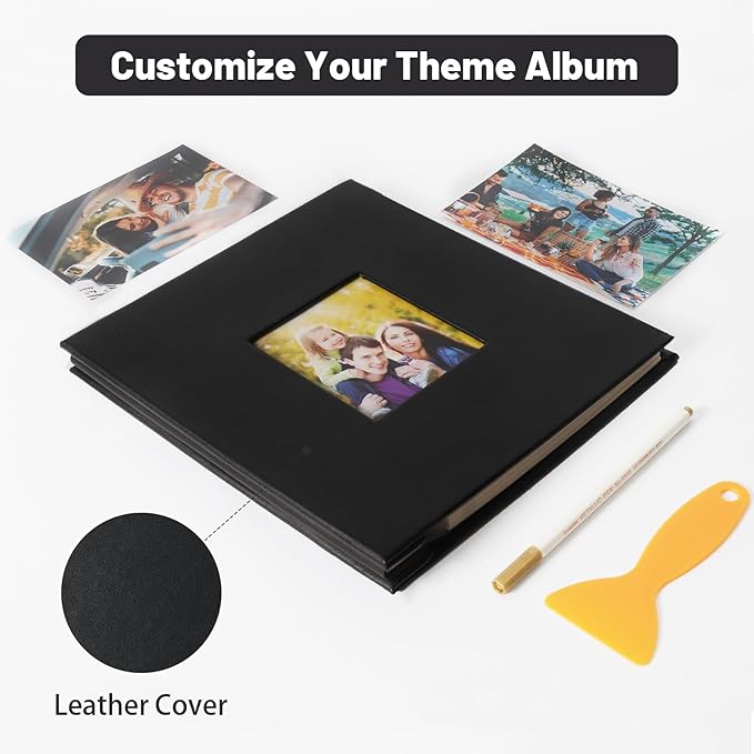 RECUTMS Photo Album Self Adhesive Magnetic Scrapbook 4x6 5x7 8x10 Pictures Scrapbook Album, 40 Pages Photo Book for DIY Baby Family Wedding with Metal Pen and Plastic Board (Black)