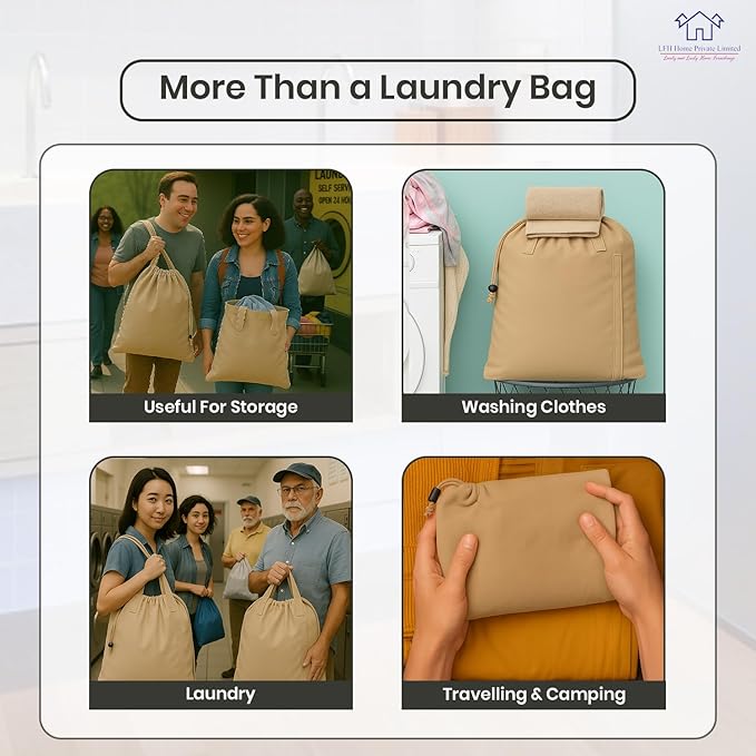 LFH Home Cotton Canvas Large Laundry Bag with Handle, Heavy Duty Drawstring Closure Washable Laundry Bags, School Travel, Home, Hotel, College Dorm, Organizer Sack, Toys Clothes 24x36-Beige