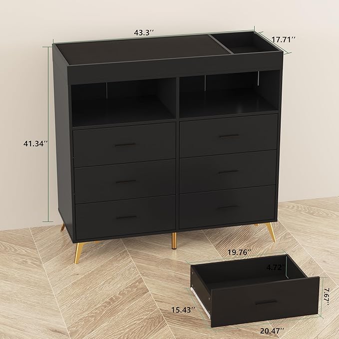 Changing Table Dresser with Drawers, Baby Dresser with Changing Table Top, Power Outlet, LED Light & Metal Feet, Diaper Changing Station Nursery Organizer for Infants Newborn, Black