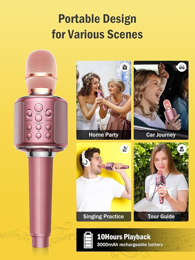 Wireless Bluetooth Karaoke Microphone, Built-in Loud Speaker for 10H Playback, Add Reverb/Duet Mode/Earbuds Monitoring, Portable Karaoke Machine for Entertainment & Singing Practice (Rose Gold)