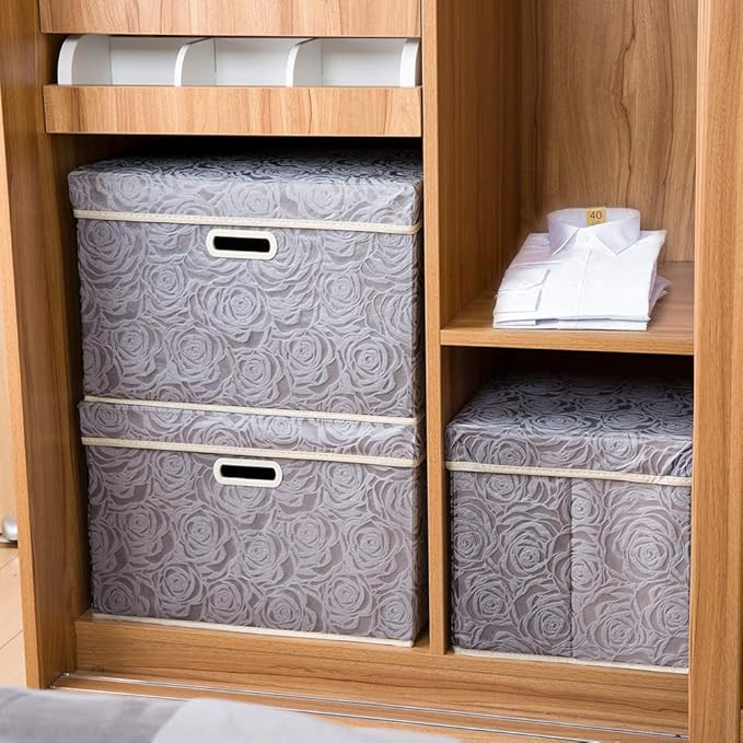 PRANDOM Large Storage Boxes with Lids [5-Pack] Fabric Decorative Storage Bins Cubes Organizer Containers Baskets with Handles for Closet Grey 17.5x11.8x11.8 In For 6+ Year Old Boys and Girls