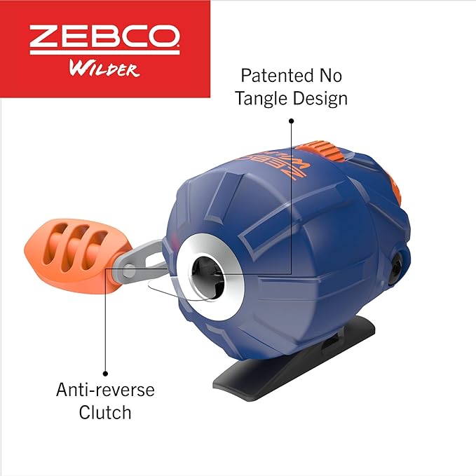 Zebco Wilder Fishing Reel and Rod Combo, 4'3" Durable Fiberglass Rod with Built-In Carabiner, Patented No-Tangle Reel, Pre-Spooled with 6-Pound Zebco Cajun Fishing Line, Blue/Orange