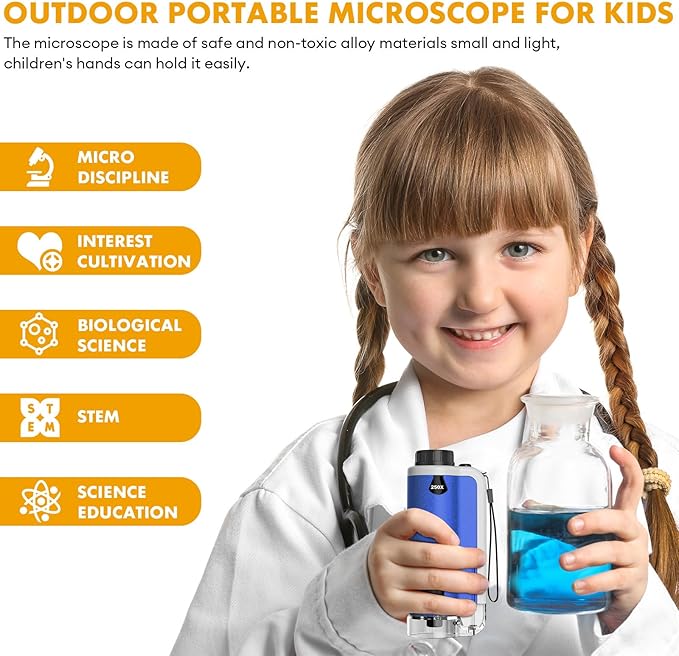 Portable Handheld Mini Microscope for Kids, 100x-250x Zoom with LED Lights, Alloy Pocket Microscope for Boys & Girls, Educational Science Kit (Blue)