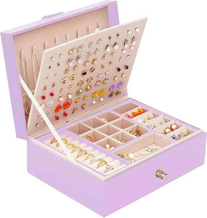 Girls Jewelry Box Earring Holder Organizer for Girls Earring Organizer Teen Jewelry Box Organizer for Girls Purple jewelry Boxes for Earrings Necklaces Rings Stud Earrings Box Organizers Teens