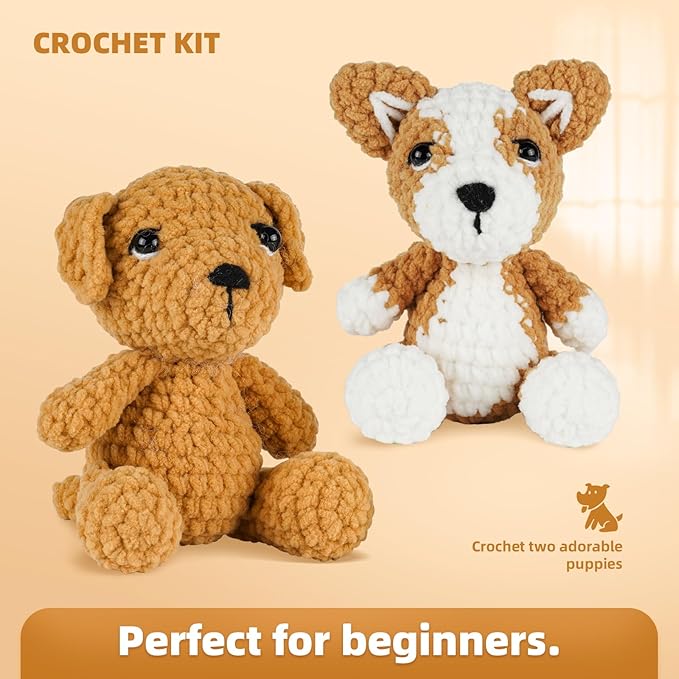 MOREJMTT Crochet Kit for Beginners, Learn to Crochet, Include Easy Knitting Soft Yarn, Step-by-Step Video Tutorial, Hook, Holiday Birthday Gift for Adults and Kids(2 Pack Dog)
