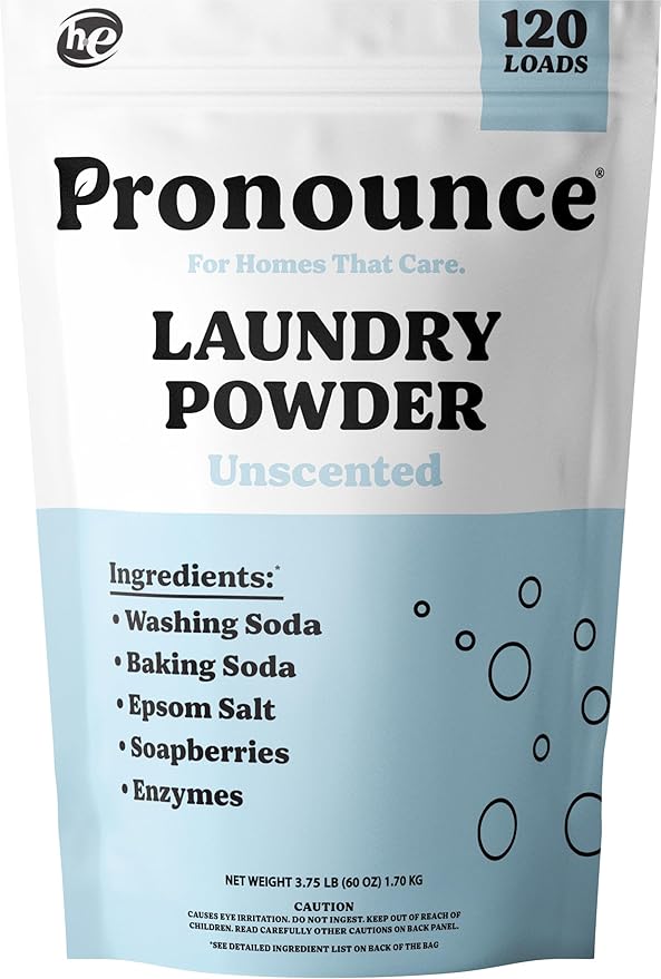 Pronounce Laundry Detergent Powder Alternative | Earth-Derived Ingredients, Eco-Friendly, Safer for Sensitive Skin, Eczema, and Babies. Stain + Smell Fighting. HE Safe (Unscented, 120 Loads)