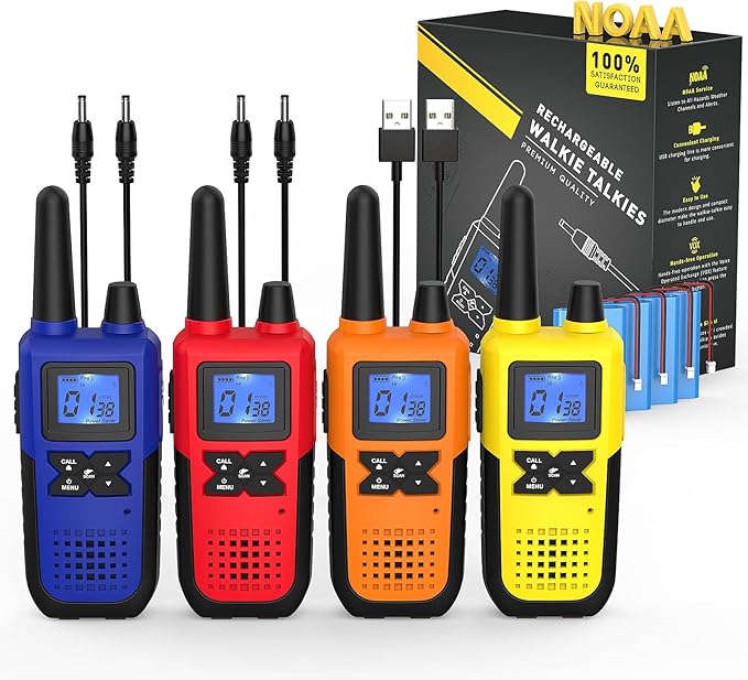 Walkie Talkies for Adults Long Range Rechargeable with NOAA Weather Alert, Multi-Purpose 2 Way Radios 4 Pack for Team Work Seniors Care Kids Adventure Family Camping Hiking Skiing Cruise