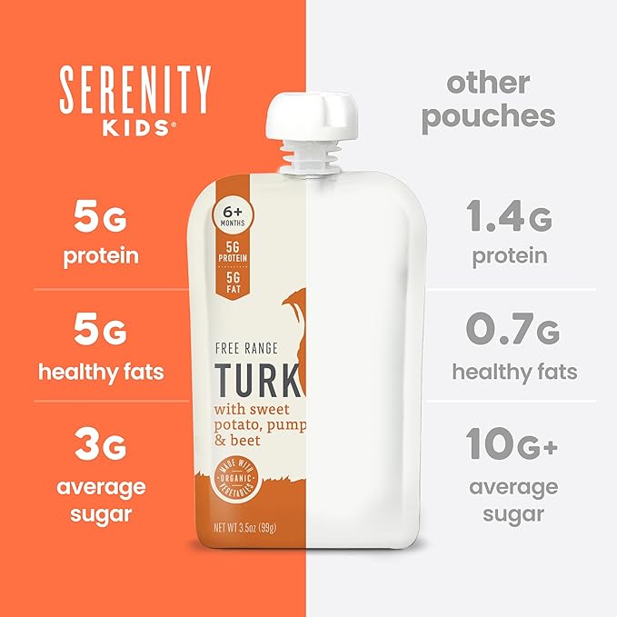 Serenity Kids 6+ Months Organic Baby Food Pouches - BPA-Free Range Turkey Pouches with Pumpkin Puree, Sweet Potato & Beet - 3.5 Oz, 6 Pack