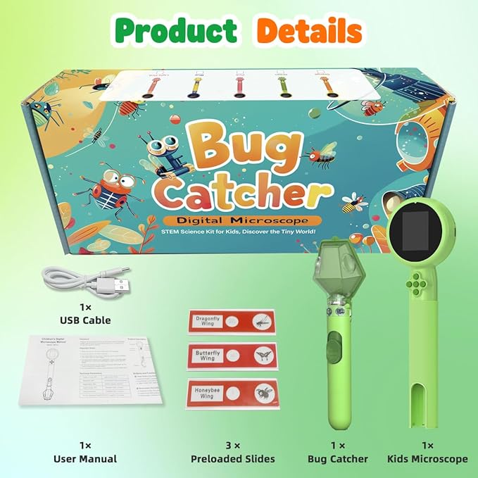 Kids Microscope with Bug Catcher Kit, 1080P Digital Mini Handheld Microscope STEM Science Toy with LED Light, Rechargeable, Portable, Supports 64GB TF Card, Educational Gift for Kids Ages 3-12 (Green)